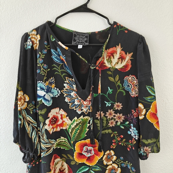 Johnny Was Zorya 100% Silk Floral Print Puff 3/4 Sleeve Mini Dress Black Size XS - Picture 10 of 15